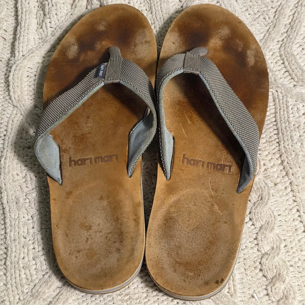 Hari Mari Flip Flops Leather Brown Grey Memory Foam Thong Sandals Mens‎ 11